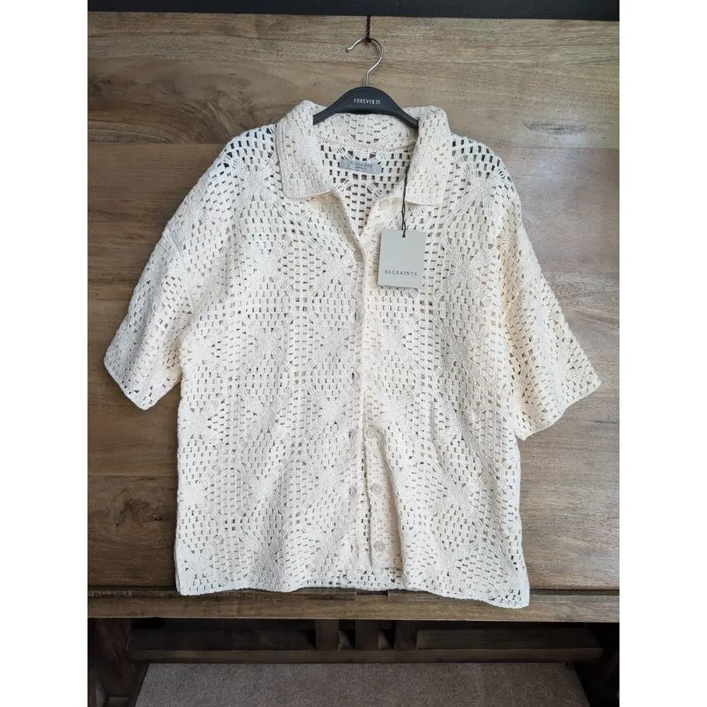 Allsaints Milly Open Knit 2-Piece Pajama Set Womens XS Ecru White Short Sleeve